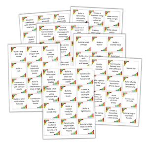 May include: A stack of white cards with colourful borders, each presenting a different building challenge using LEGO bricks. The cards offer instructions for constructing various structures, including a spaceship, castle, and treehouse.