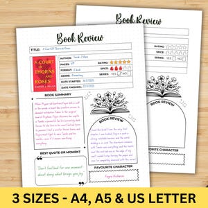 May include: Printable book review template featuring a floral design and a book illustration. The template includes sections for title, author, pages, format, genre, date started, date finished, rating, spice, series, book summary, best quote or moment, favourite character, and a space for a book review.