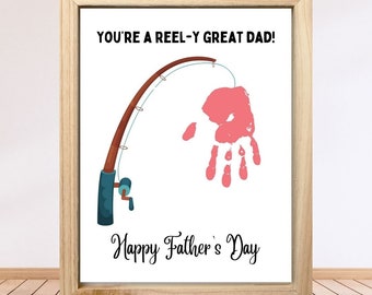 Father's Day Handprint Art Printable Fishing Handprint Craft Template Father's Day Gift DIY Handprint Activity For Kids Fishing Card