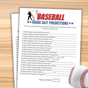 May include: A white paper sheet titled BASEBALL GAME DAY PREDICTIONS with a black silhouette of a batter and a red-stitched baseball graphic. The form lists twenty numbered questions about game events with blank lines for writing answers.