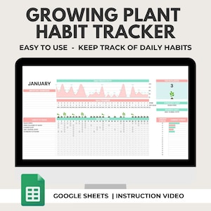 Może przedstawiać: Ekran komputera wyświetlający szablon arkusza kalkulacyjnego Google do śledzenia nawyków. Arkusz nosi tytuł "Growing Plant Habit Tracker" i zawiera dzienny tracker, wykres produktywności oraz sekcję do śledzenia postępów w realizacji celów. Arkusz został zaprojektowany, aby pomóc użytkownikom w śledzeniu ich codziennych nawyków i postępów w realizacji celów.