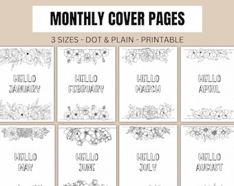 Titelpagina's van 12 maanden Maandelijkse titelpagina Maandelijkse titelpagina Afdrukbare planner-voorpagina's BUJO-sjabloon tijdschriftomslag Bullet Journal