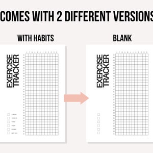 May include: Two exercise tracker sheets with black text on white paper. The left sheet includes a list of habits like cardio, weights, yoga, aqua, boxing, and rest day. The right sheet is blank. Both feature a grid for months and days.