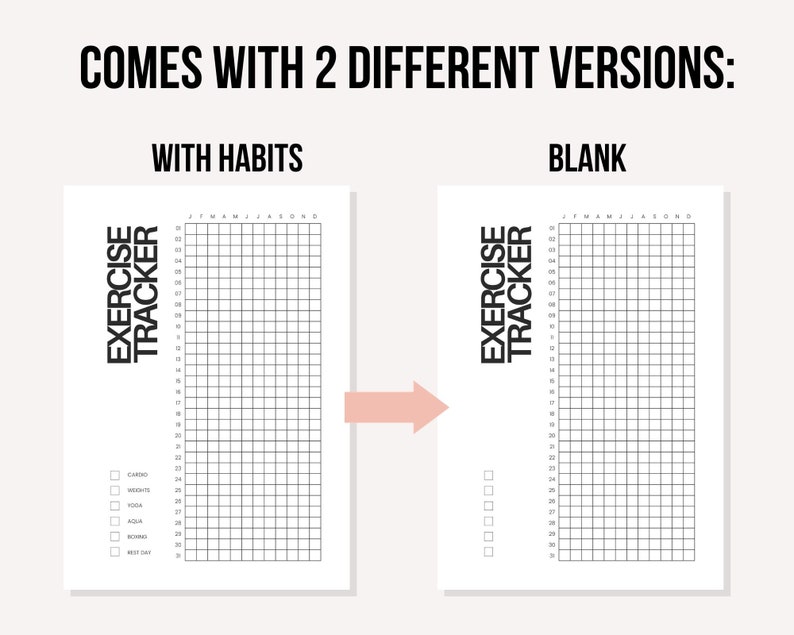 May include: Two exercise tracker sheets with black text on white paper. The left sheet includes a list of habits like cardio, weights, yoga, aqua, boxing, and rest day. The right sheet is blank. Both feature a grid for months and days.