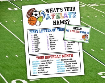 What's Your Athlete Name Game Printable Sport Party Game Athlete Party Game Athlete Team Building Athlete Game Sport Birthday Party Game