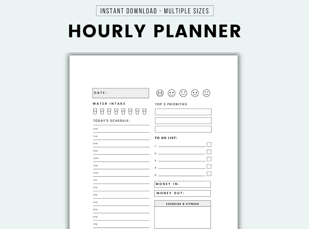Hourly Daily Planner Printable Productivity Planner Day Planner Hourly ...