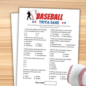 May include: A white paper sheet featuring a Baseball Trivia Game with red and blue text, a black silhouette of a batter, and a baseball graphic. The game includes ten multiple-choice questions about baseball rules and a box for the total score.