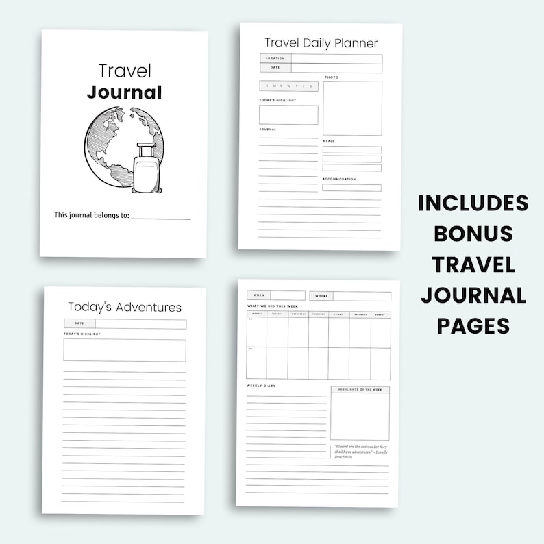 May include: Black and white printable travel journal pages with a cover page that says "Travel Journal" and a globe with a suitcase on it. The journal includes a daily planner, a weekly planner, and a page for today's adventures.