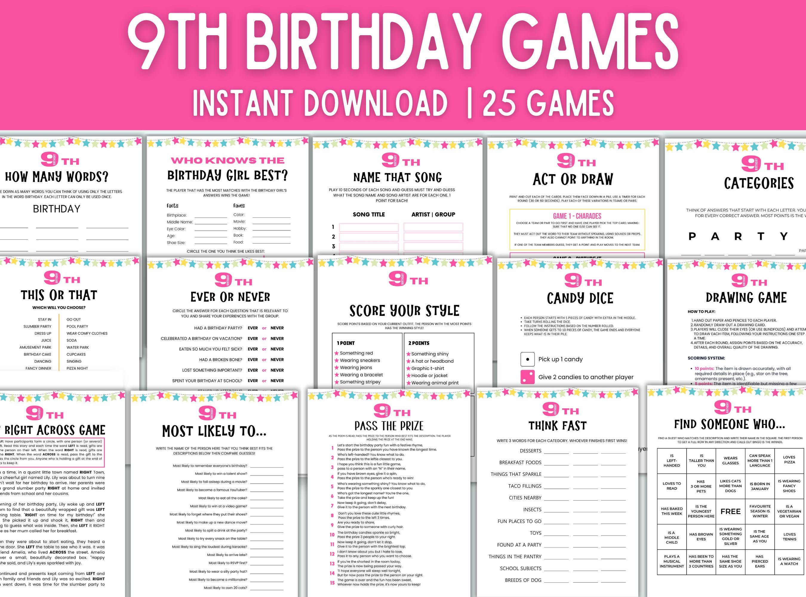 Paquete de juegos para fiesta de 9.° cumpleaños Actividades para fiestas de  pijamas Juegos para fiestas infantiles Juegos para fiestas de 9.° cumpleaños  para niños Juegos para fiestas de 9.° cumpleaños Juego, image size:2700x2000
