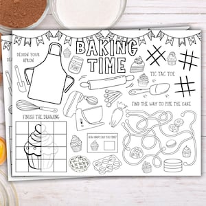 May include: Black and white activity sheet with the words "BAKING TIME" and various baking-related illustrations. Includes a design-your-own apron section, a tic-tac-toe game, and a maze.