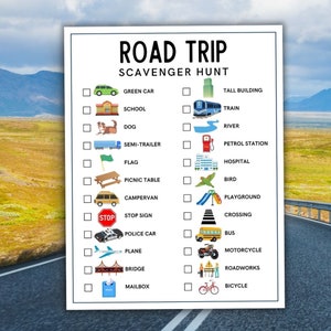 Caça ao tesouro de viagem de carro para impressão para crianças Passeio de carro Caça ao tesouro Jogos de viagem de estrada Atividades de viagem de estrada Lista de caça ao tesouro para impressão