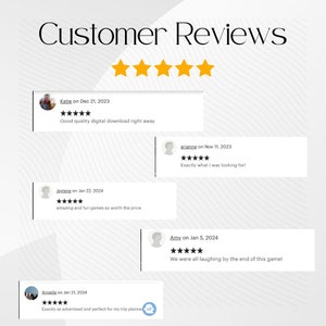 Puede incluir: Cinco estrellas de rese&ntilde;as de clientes para una descarga digital. Las rese&ntilde;as destacan la calidad de la descarga, los juegos divertidos incluidos y la relaci&oacute;n calidad-precio. Una rese&ntilde;a menciona que la descarga es perfecta para la planificaci&oacute;n de viajes.