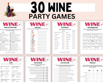 May include: A collection of eight printable game sheets titled 30 WINE PARTY GAMES, featuring activities like trivia, emoji quizzes, and bingo. Each white page includes black text, wine-themed graphics, and structured sections for recording answers and scores.