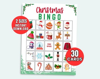 May include: A printable Christmas Bingo card with 30 cards included. The card features a 5x5 grid with images of Christmas icons like a snowman, reindeer, gingerbread man, and a stocking.