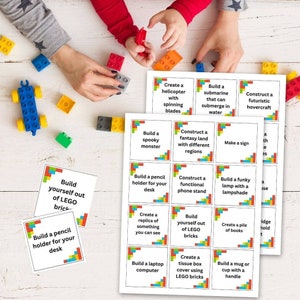 May include: LEGO brick building challenge cards with project ideas like building a helicopter or a pencil holder. The cards are surrounded by colourful LEGO bricks, with hands assembling the bricks. Metric measurements are not applicable.