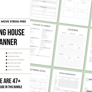 May include: A printable moving house planner with 47+ pages. The planner includes checklists, to-do lists, quote sheets, inventory, packing box labels, change of address, decluttering plan, cleaning plan, moving day planner, before the move, after the move, and budget planning.