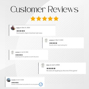 May include: Five-star customer reviews for a product. The reviews are positive and include comments like "Good quality digital download right away" and "Exactly what I was looking for!"