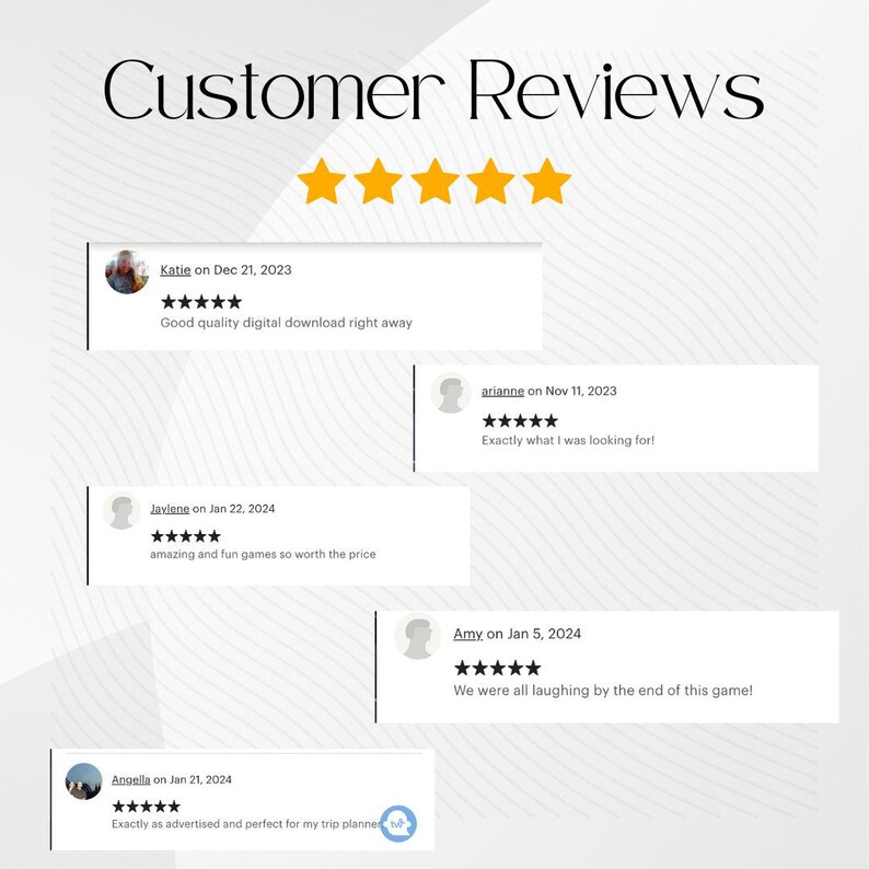 May include: Five-star customer reviews for a product. The reviews are positive and include comments like "Good quality digital download right away" and "Exactly what I was looking for!"
