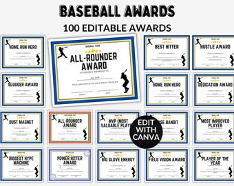 Editable Baseball Award Certificates Printable Baseball Team Awards End of Season Awards Baseball Certificates Funny Team Awards Sport Award