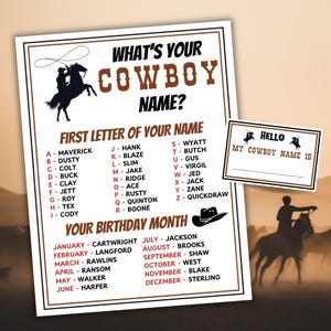 Qual è il tuo gioco di nome da cowboy? Gioco di festa da cowboy stampabile Generatore di nomi da cowboy Festa di compleanno western Gioco con i nomi per la festa di compleanno western