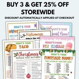 K&ouml;nnte beinhalten: Eine Sammlung farbenfroher Spielkarten mit verschiedenen Themen, darunter Monster, Halloween, Tacos, Weihnachten, Eiscreme und Dinosaurier. Die Karten zeigen verspielte Texte und Grafiken, mit einem Werbebanner oben.