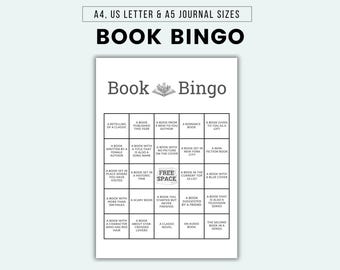May include: A black and white printable bingo card with the title "Book Bingo". The card has 25 squares with book-related prompts, such as "A book written by a female author" and "A book set in a historic time".