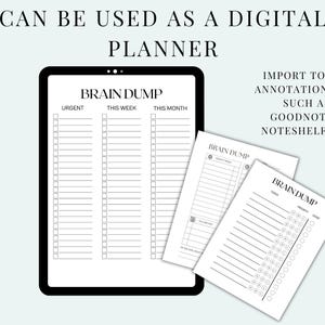 Pu&ograve; includere: Un pianificatore digitale con le parole "Brain Dump" e sezioni per attivit&agrave; urgenti, settimanali e mensili. L'immagine mostra un tablet e diverse stampe cartacee, con testo che indica la compatibilit&agrave; con le app di annotazione PDF.