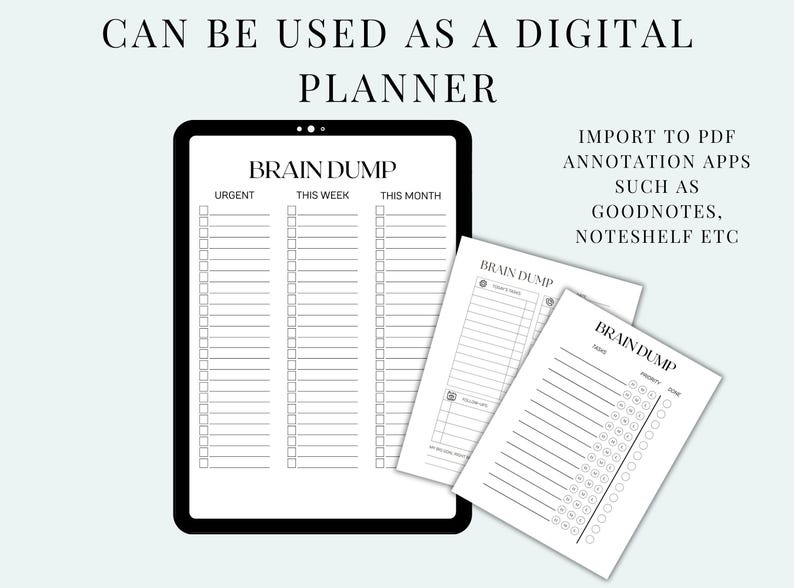 Pu&ograve; includere: Un pianificatore digitale con le parole "Brain Dump" e sezioni per attivit&agrave; urgenti, settimanali e mensili. L'immagine mostra un tablet e diverse stampe cartacee, con testo che indica la compatibilit&agrave; con le app di annotazione PDF.