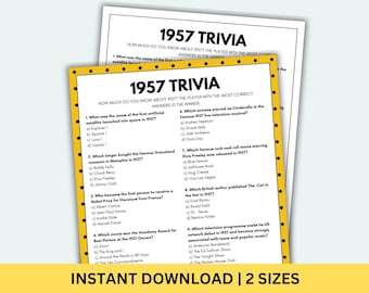 1957 Trivia Game Printable 70th Birthday Games Born In 1957 Game Birthday Games 70th Birthday Game 1957 Trivia Questions & Answers 1957 Quiz