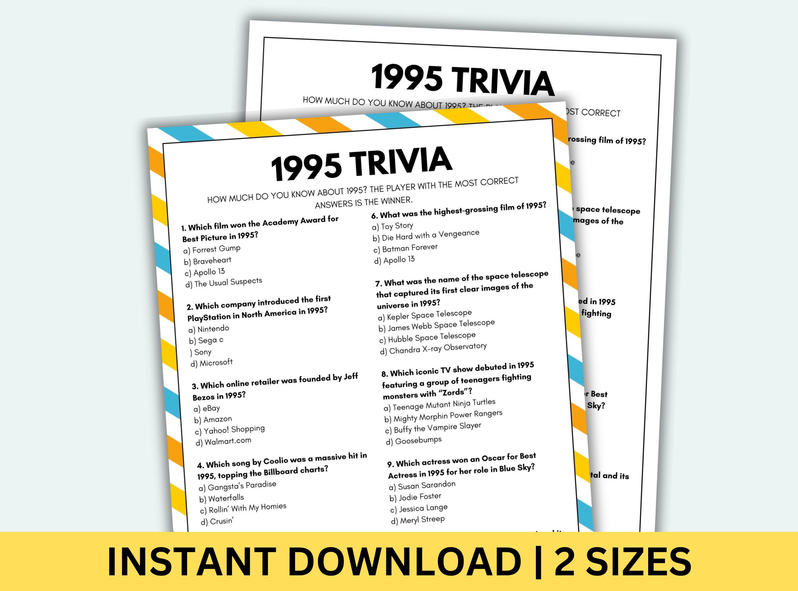 1995 Trivia Game Printable 30th Birthday Games Born in 1995 Game ...