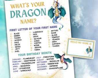 Quel est votre jeu de fête avec un nom de dragon Jeu de dragon imprimable Générateur de nom de dragon Fête d&#39;anniversaire de dragon Activités de dragon Fête à thème de dragon