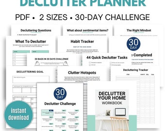 Op de afbeelding: Een printbare opruimplanner met een 30-daagse uitdaging. De planner bevat werkbladen voor opruimvragen, wat opgeruimd moet worden, een gewoontetracker, snelle opruimtaken, opruimhotspots en een opruimtracker. De planner bevat ook een 30-daagse opruimuitdaging met dagelijkse taken. De planner is verkrijgbaar in twee formaten en is een directe download.