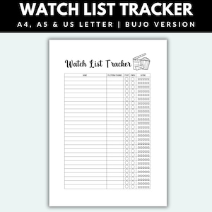Watchlist Tracker Shows To Watch Printable Bullet Journal Page PDF TV Show Tracker Bujo Movie Watchlist Template Movie Tracker Planner Page