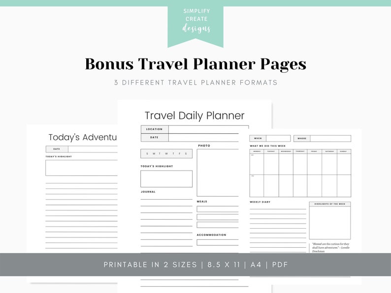 May include: Printable travel planner pages in two sizes, 8.5 x 11 inches and A4. The pages include sections for location, date, photo, today's highlight, journal, meals, accommodation, what we did this week, weekly diary, and highlights of the week.
