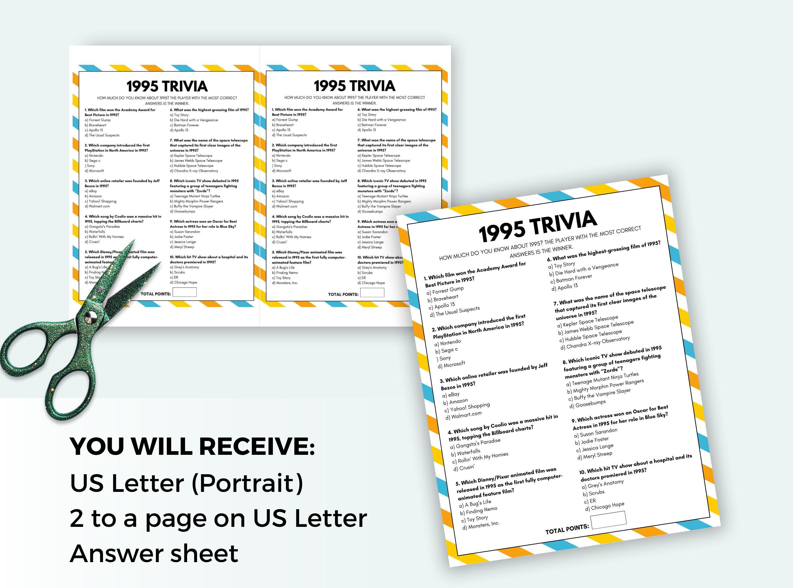 1995 Trivia Game Printable 30th Birthday Games Born in 1995 Game ...