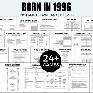 Puede incluir: Un conjunto de juegos imprimibles en blanco y negro con el texto "BORN IN 1996" y "DESCARGA INSTANTÁNEA | 3 TAMAÑOS". El conjunto incluye más de 24 juegos, como trivial, charadas y "Esto o aquello".