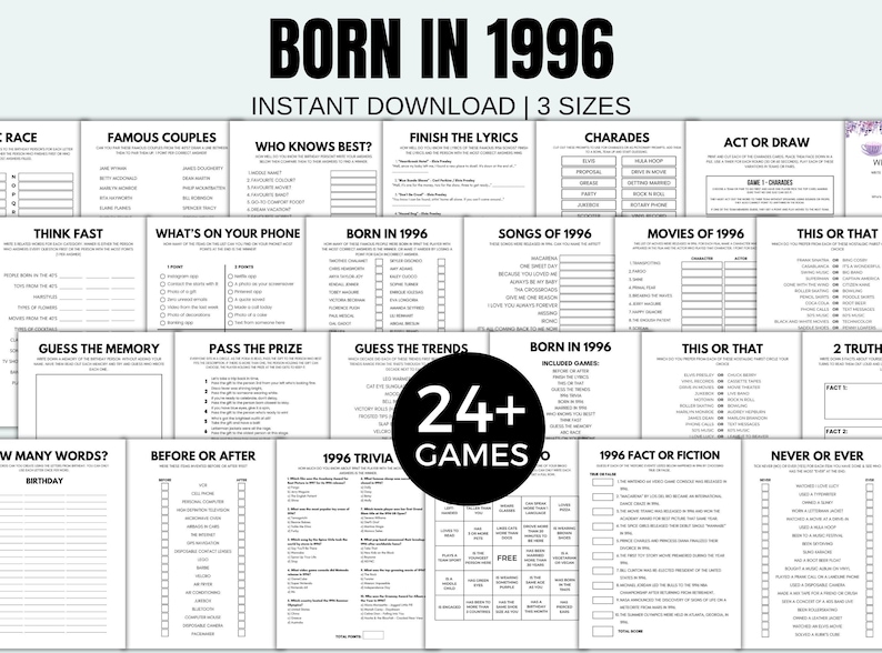 May include: A black and white printable game set with the text "BORN IN 1996" and "INSTANT DOWNLOAD | 3 SIZES". The set includes 24+ games, such as trivia, charades, and "This or That".