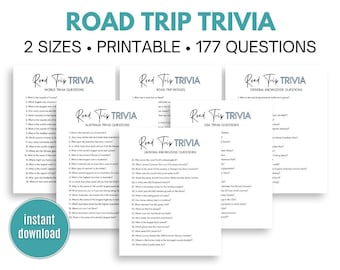 May include: Printable road trip trivia game with 177 questions. The game is divided into four categories: World Trivia, Australia Trivia, USA Trivia, and General Knowledge. The game is available in two sizes.