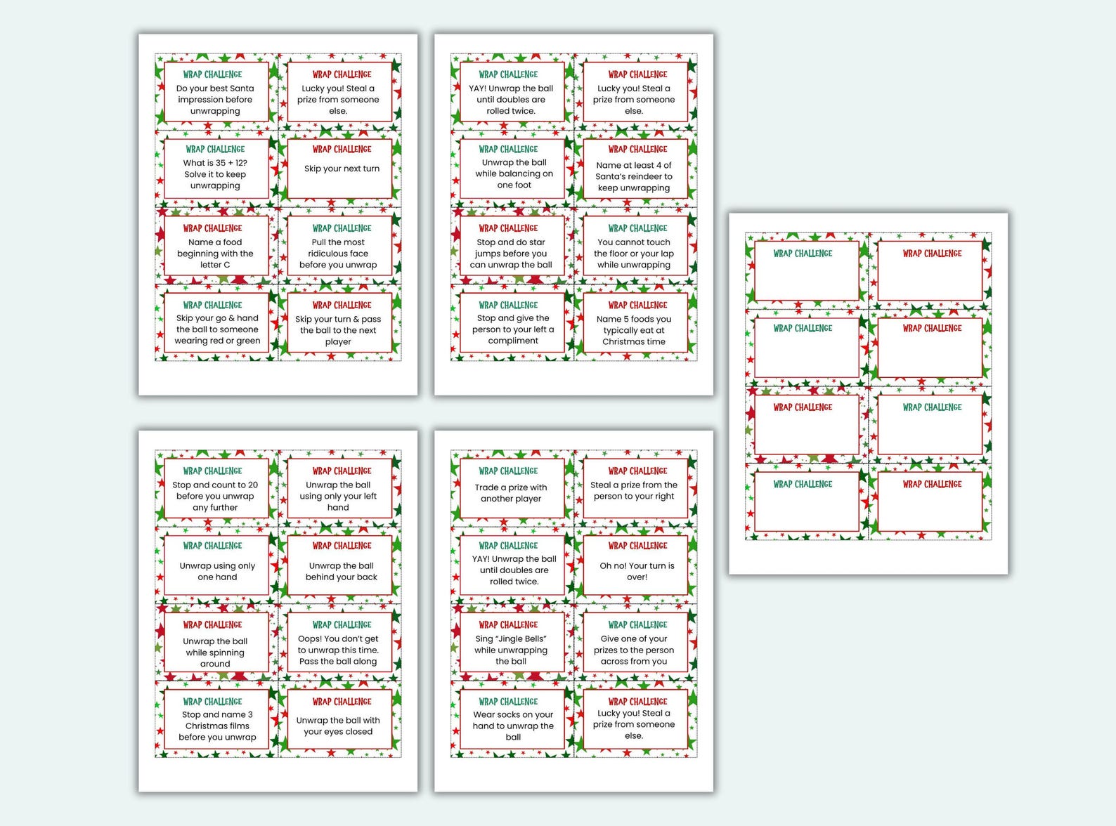 Saran Wrap Game Printable Plastic Wrap Ball Cards Christmas Saran Wrap Ball Challenge Cards ...