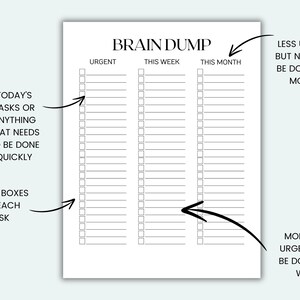 Pu&ograve; includere: Un foglio di pianificazione Brain Dump bianco con il titolo in alto. Ha sezioni per attivit&agrave; urgenti, questa settimana e questo mese. Sono previste caselle di controllo per ogni attivit&agrave;. Il pianificatore aiuta a organizzare le attivit&agrave;.