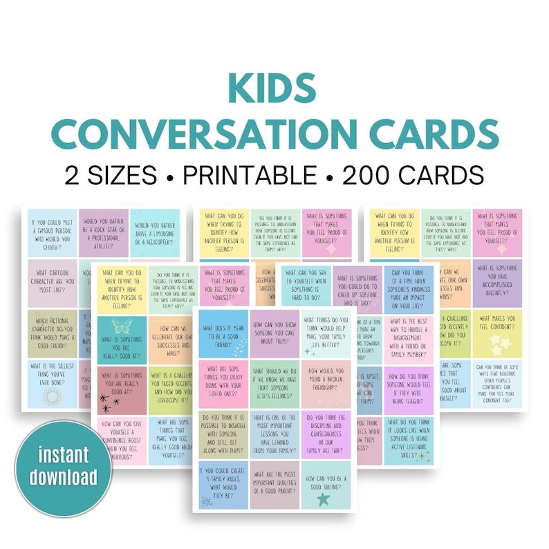 May include: A set of printable conversation cards for kids. The cards are colorful and feature a variety of questions and prompts to encourage conversation and reflection. The cards are designed to help kids learn about themselves and the world around them. The text on the cards includes phrases like "What is something that makes you feel proud of yourself?" and "What is the best way to resolve a conflict with a family member or friend?"