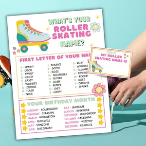 May include: A fun roller skating name game with a retro design. The poster features a colorful roller skate graphic, a list of names based on the first letter of your name, and a list of names based on your birth month. A small card is also included.