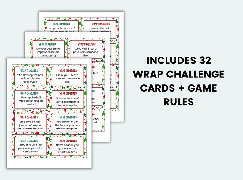 Saran Wrap Game Printable Plastic Wrap Ball Cards Christmas Saran Wrap Ball Challenge Cards ...