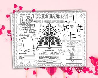 Bible Love Activity Placemat Printable Bible Coloring For Kids Valentines Day Love Activity Sheet 1 corinthians 13 4-8 Bible Lesson Love