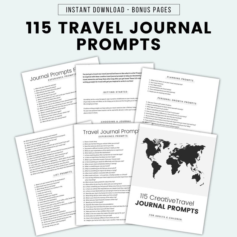 May include: A black and white image of a world map with the text "115 Creative Travel Journal Prompts for Adults & Children" on a white background. The image is surrounded by pages of a journal with prompts for travel journaling.