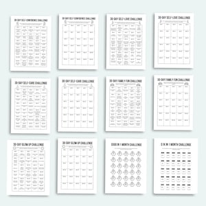 May include: A set of printable black and white challenge grids. The grids are labeled with different challenges, such as "30-Day Self-Confidence Challenge", "30-Day Self-Love Challenge", "30-Day Self-Care Challenge", "30-Day Family Fun Challenge", "30-Day Glow Up Challenge", "$500 in 1 Month Challenge", and "$1K in 1 Month Challenge".