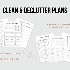 May include: Printable cleaning and decluttering checklists. Includes a room-by-room cleaning checklist, a move-out clean checklist, a speed cleaning checklist, a decluttering plan, and a fix, replace, or sell sheet.