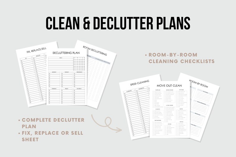 May include: Printable cleaning and decluttering checklists. Includes a room-by-room cleaning checklist, a move-out clean checklist, a speed cleaning checklist, a decluttering plan, and a fix, replace, or sell sheet.