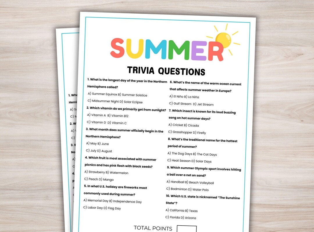 Sommer Trivia Spiel Printable Sommerspiel Sommer Party Spiel Sommer Quiz Fragen Sommer Party ...