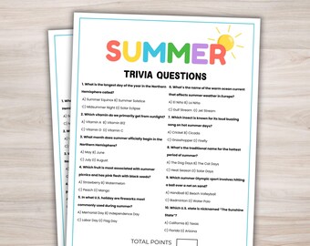 Summer Trivia Game Printable Summer Game Summer Party Game Summer Quiz Questions Summer Party Idea Summer Family Game Office Party Games